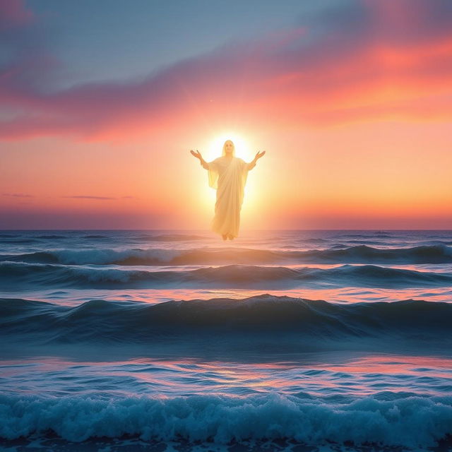 A mesmerizing scene depicting the Divine Presence of God portrayed through ethereal and glowing light emanating over the ocean waves, creating a magical atmosphere