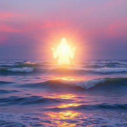 A mesmerizing scene depicting the Divine Presence of God portrayed through ethereal and glowing light emanating over the ocean waves, creating a magical atmosphere