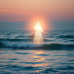 A mesmerizing scene depicting the Divine Presence of God portrayed through ethereal and glowing light emanating over the ocean waves, creating a magical atmosphere
