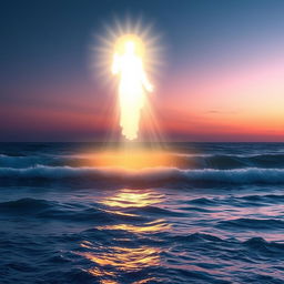 A mesmerizing scene depicting the Divine Presence of God portrayed through ethereal and glowing light emanating over the ocean waves, creating a magical atmosphere