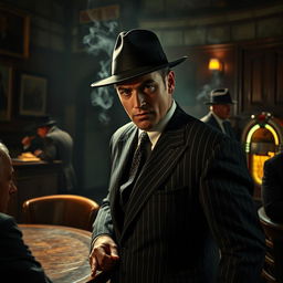 A 1950s mobster, dressed in a pinstripe suit and fedora, stealthily infiltrating a mafia meeting in a dimly lit, smoky backroom