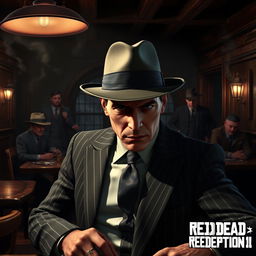 A 1950s mobster, inspired by the art style of Red Dead Redemption 2, stealthily infiltrating a mafia meeting in a dimly lit, smoky backroom