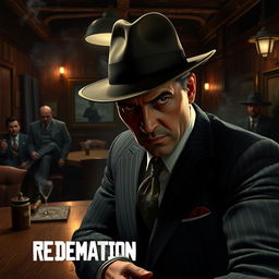 A 1950s mobster, inspired by the art style of Red Dead Redemption 2, stealthily infiltrating a mafia meeting in a dimly lit, smoky backroom