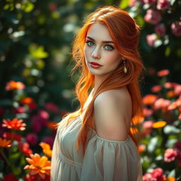 A beautiful woman with striking red hair, fair skin, and captivating green eyes