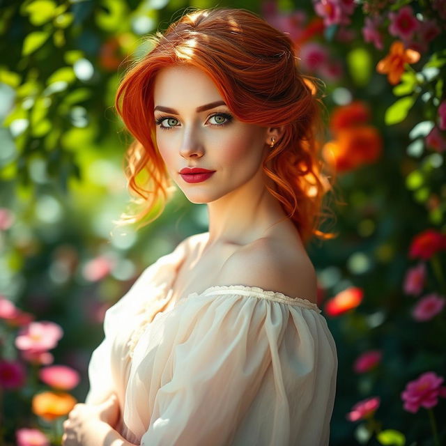 A beautiful woman with striking red hair, fair skin, and captivating green eyes