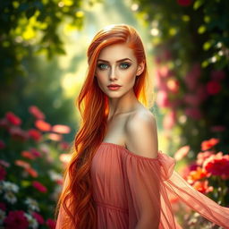 A beautiful woman with striking red hair, fair skin, and captivating green eyes