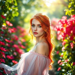 A beautiful woman with striking red hair, fair skin, and captivating green eyes
