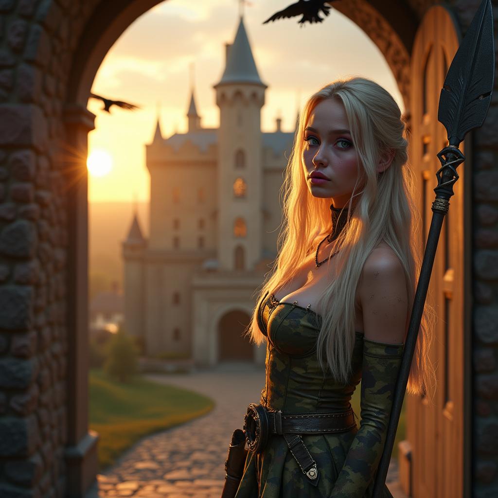 A captivating medieval castle at sunset, bathed in warm golden light