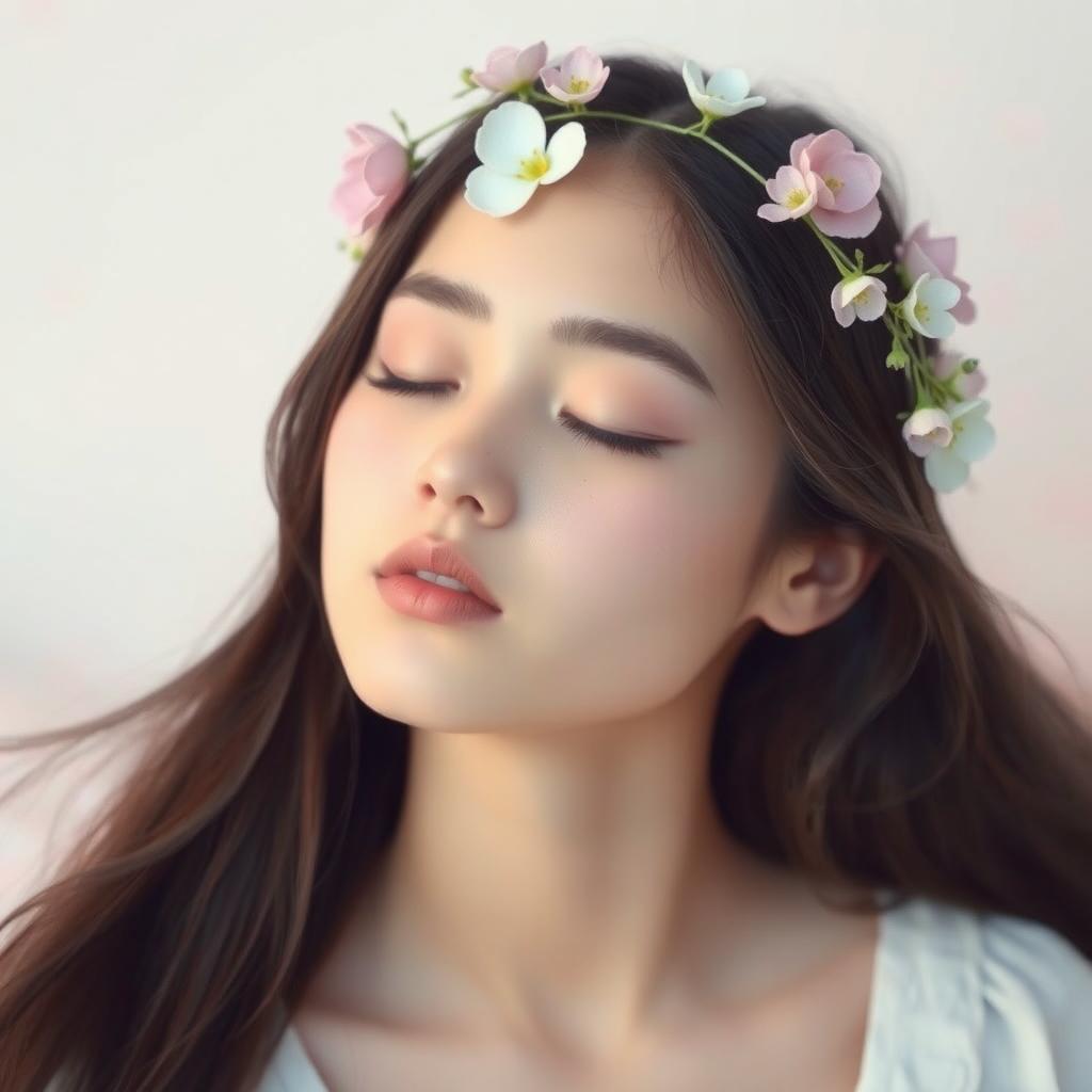 a serene portrait of a young woman with her eyes closed, expressing peacefulness and tranquility, set against a soft and dreamy background of pastel colors, her long flowing hair softly cascading around her shoulders, wearing a delicate floral crown