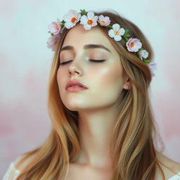 a serene portrait of a young woman with her eyes closed, expressing peacefulness and tranquility, set against a soft and dreamy background of pastel colors, her long flowing hair softly cascading around her shoulders, wearing a delicate floral crown