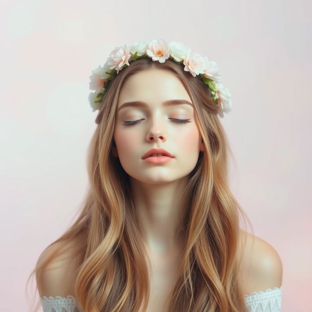 a serene portrait of a young woman with her eyes closed, expressing peacefulness and tranquility, set against a soft and dreamy background of pastel colors, her long flowing hair softly cascading around her shoulders, wearing a delicate floral crown