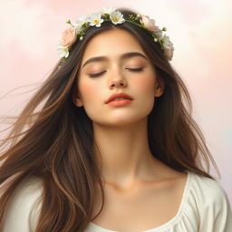 a serene portrait of a young woman with her eyes closed, expressing peacefulness and tranquility, set against a soft and dreamy background of pastel colors, her long flowing hair softly cascading around her shoulders, wearing a delicate floral crown