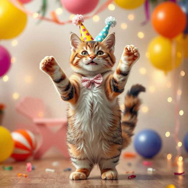 A playful and whimsical scene of a cat dancing joyfully on its hind legs, wearing a tiny, colorful party hat and a small bowtie