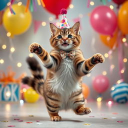 A playful and whimsical scene of a cat dancing joyfully on its hind legs, wearing a tiny, colorful party hat and a small bowtie