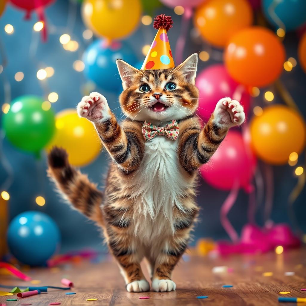 A playful and whimsical scene of a cat dancing joyfully on its hind legs, wearing a tiny, colorful party hat and a small bowtie