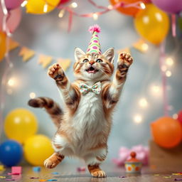 A playful and whimsical scene of a cat dancing joyfully on its hind legs, wearing a tiny, colorful party hat and a small bowtie