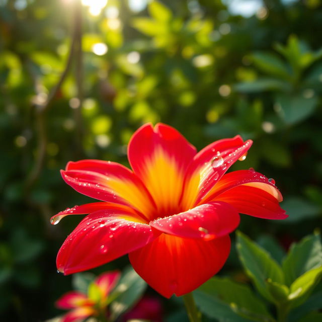 A beautiful flower in full bloom, showcasing vibrant colors like deep red, bright yellow, and soft pink petals