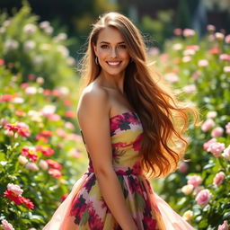 A beautiful woman with flowing long hair, elegantly dressed in a colorful gown, standing in a lush green garden filled with blooming flowers