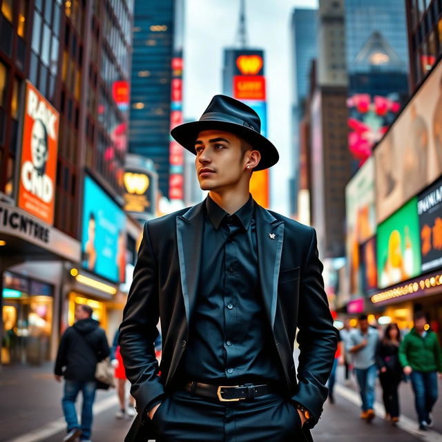 A young man confidently walking through a bustling big city, wearing a sharp black suit and a stylish hat