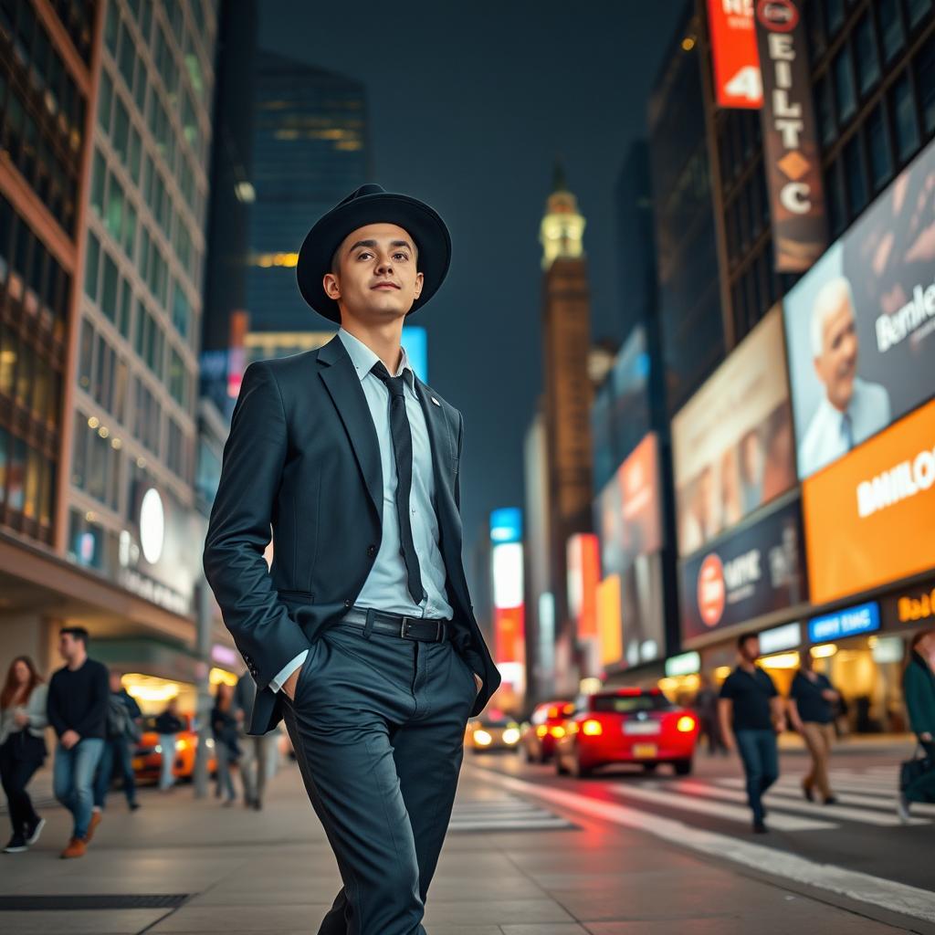 A young man confidently walking through a bustling big city, wearing a sharp black suit and a stylish hat