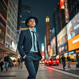 A young man confidently walking through a bustling big city, wearing a sharp black suit and a stylish hat