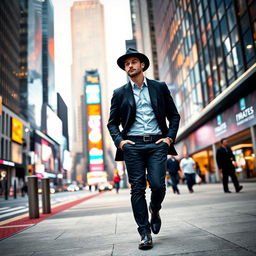 A young man confidently walking through a bustling big city, wearing a sharp black suit and a stylish hat