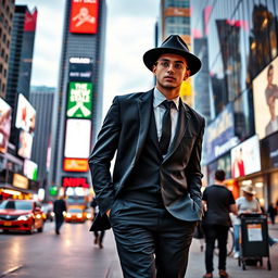 A young man confidently walking through a bustling big city, wearing a sharp black suit and a stylish hat
