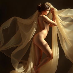 A figure study of a woman in a serene and tasteful manner, posed gracefully amidst flowing fabric and soft drapery in a tranquil setting