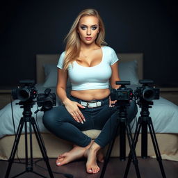 A stunning 24-year-old blonde woman with a long hourglass figure, showcasing large breasts and wide, full hips