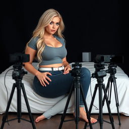 A stunning 24-year-old blonde woman with a long hourglass figure, showcasing large breasts and wide, full hips