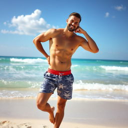 A fit man in swim trunks confidently posing on a sandy beach, showcasing a toned and athletic physique