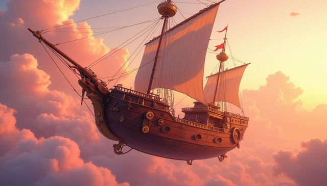 An impressive flying ship with a beautifully crafted wooden hull, outfitted with intricate mechanical wings and propellers