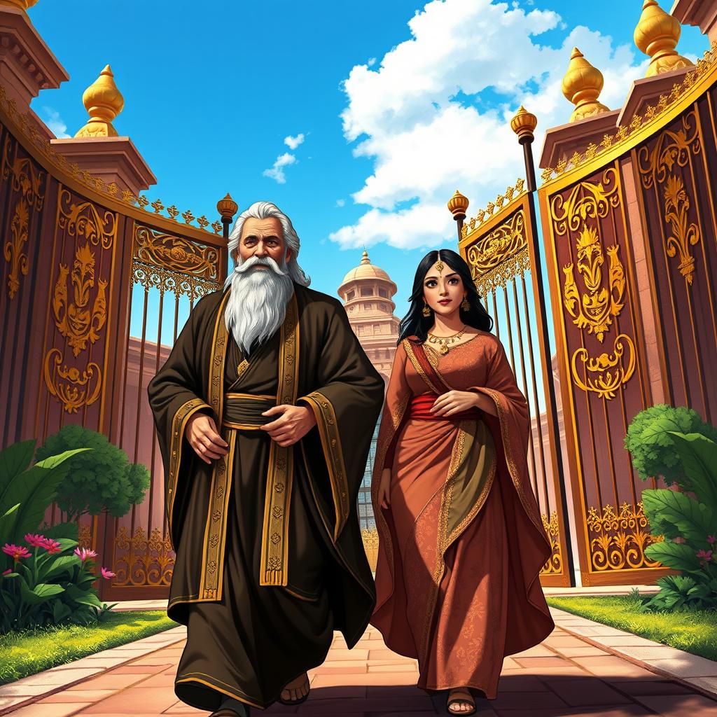 A wise old minister in luxurious, flowing robes escorting his daughter, Shahrazad, a beautiful young woman with a determined expression, walking through tall palace gates adorned with intricate golden designs