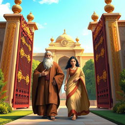 A wise old minister in luxurious, flowing robes escorting his daughter, Shahrazad, a beautiful young woman with a determined expression, walking through tall palace gates adorned with intricate golden designs