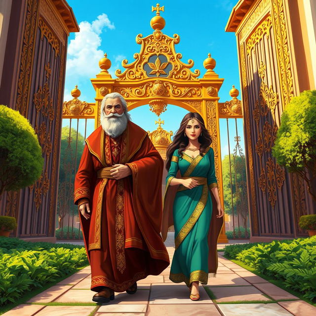 A wise old minister in luxurious, flowing robes escorting his daughter, Shahrazad, a beautiful young woman with a determined expression, walking through tall palace gates adorned with intricate golden designs