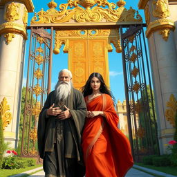 A wise old minister in luxurious, flowing robes escorting his daughter, Shahrazad, a beautiful young woman with a determined expression, walking through tall palace gates adorned with intricate golden designs