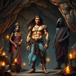 A high-resolution, wide shot scene in a stony cave with soft lighting from oil lamps illuminating the environment