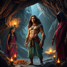 A high-resolution, wide shot scene in a stony cave with soft lighting from oil lamps illuminating the environment