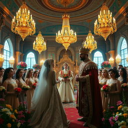 A grand royal wedding ceremony taking place in a majestic palace hall, featuring Shahrazad dressed in a breathtaking bridal outfit that sparkles with intricate details, and the king in elegant regal attire adorned with jewels