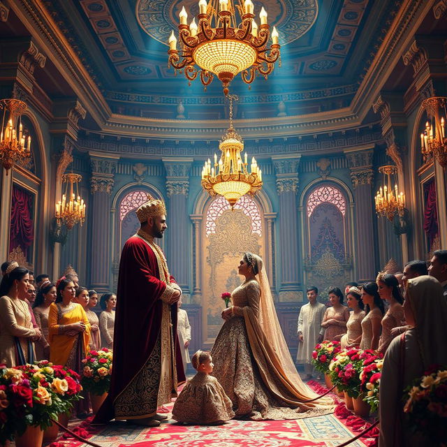 A grand royal wedding ceremony taking place in a majestic palace hall, featuring Shahrazad dressed in a breathtaking bridal outfit that sparkles with intricate details, and the king in elegant regal attire adorned with jewels