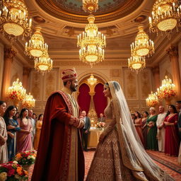 A grand royal wedding ceremony taking place in a majestic palace hall, featuring Shahrazad dressed in a breathtaking bridal outfit that sparkles with intricate details, and the king in elegant regal attire adorned with jewels