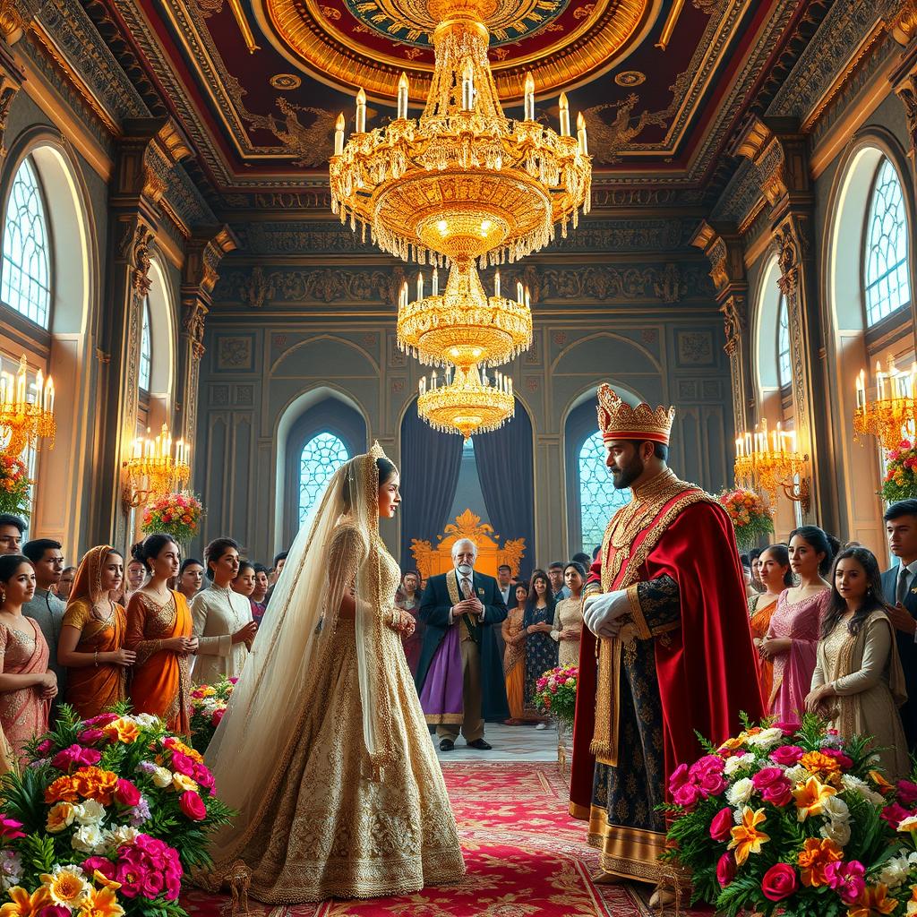 A grand royal wedding ceremony taking place in a majestic palace hall, featuring Shahrazad dressed in a breathtaking bridal outfit that sparkles with intricate details, and the king in elegant regal attire adorned with jewels