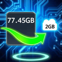 A sleek and modern graphic representation of data transfer, depicting a large digital storage device, symbolizing 77