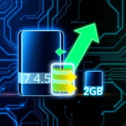 A sleek and modern graphic representation of data transfer, depicting a large digital storage device, symbolizing 77