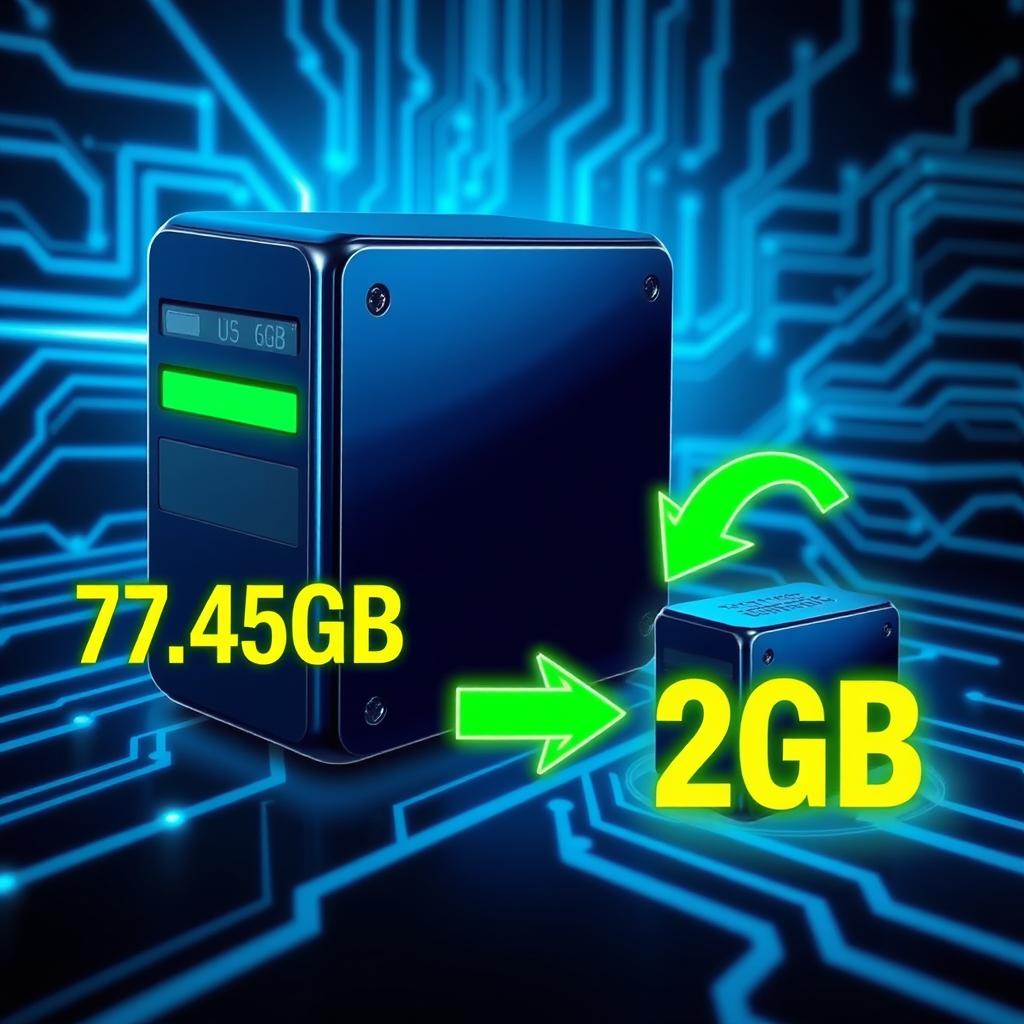 A sleek and modern graphic representation of data transfer, depicting a large digital storage device, symbolizing 77