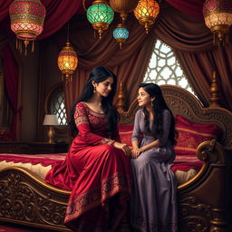 Shahrazad, a beautifully dressed woman with long, dark hair, is sitting on the edge of a grand, intricately designed bed in a cozy bedroom