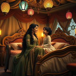 Shahrazad, a beautifully dressed woman with long, dark hair, is sitting on the edge of a grand, intricately designed bed in a cozy bedroom