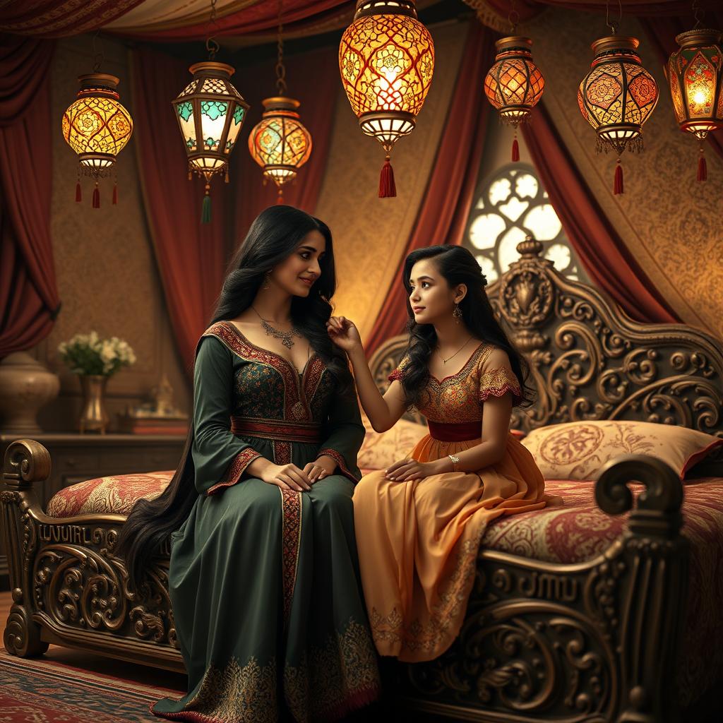 Shahrazad, a beautifully dressed woman with long, dark hair, is sitting on the edge of a grand, intricately designed bed in a cozy bedroom