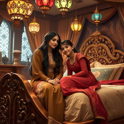 Shahrazad, a beautifully dressed woman with long, dark hair, is sitting on the edge of a grand, intricately designed bed in a cozy bedroom