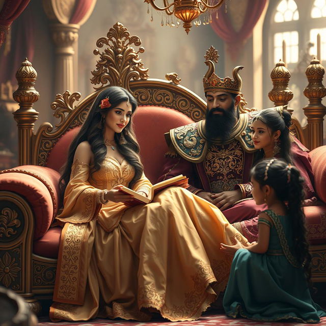 A beautifully designed scene featuring Shahrazad sitting elegantly on a luxurious, opulent bed adorned with rich fabrics and ornate decorations